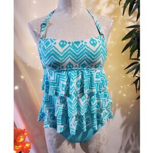 Island Waves Ikat Two-Piece Tiered Ruffle Tankini Women's S Halter Blue/White